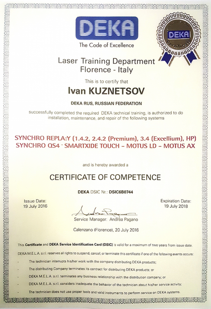 Сертификат DEKA LASER